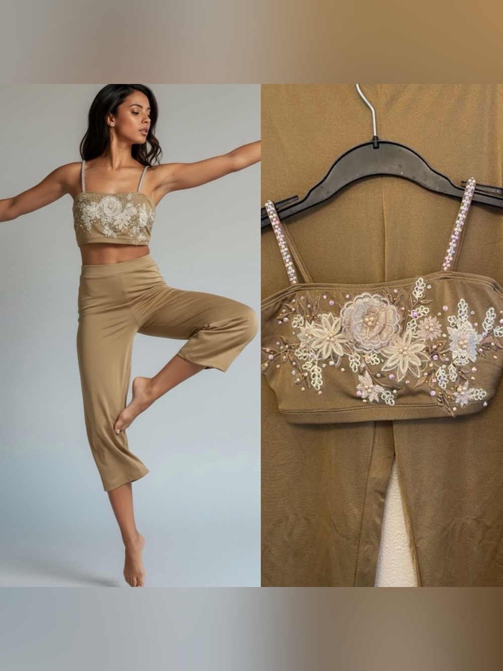 The Line Up Custom Contemporary Solo Costume Taupe Floral Applique Pants SA